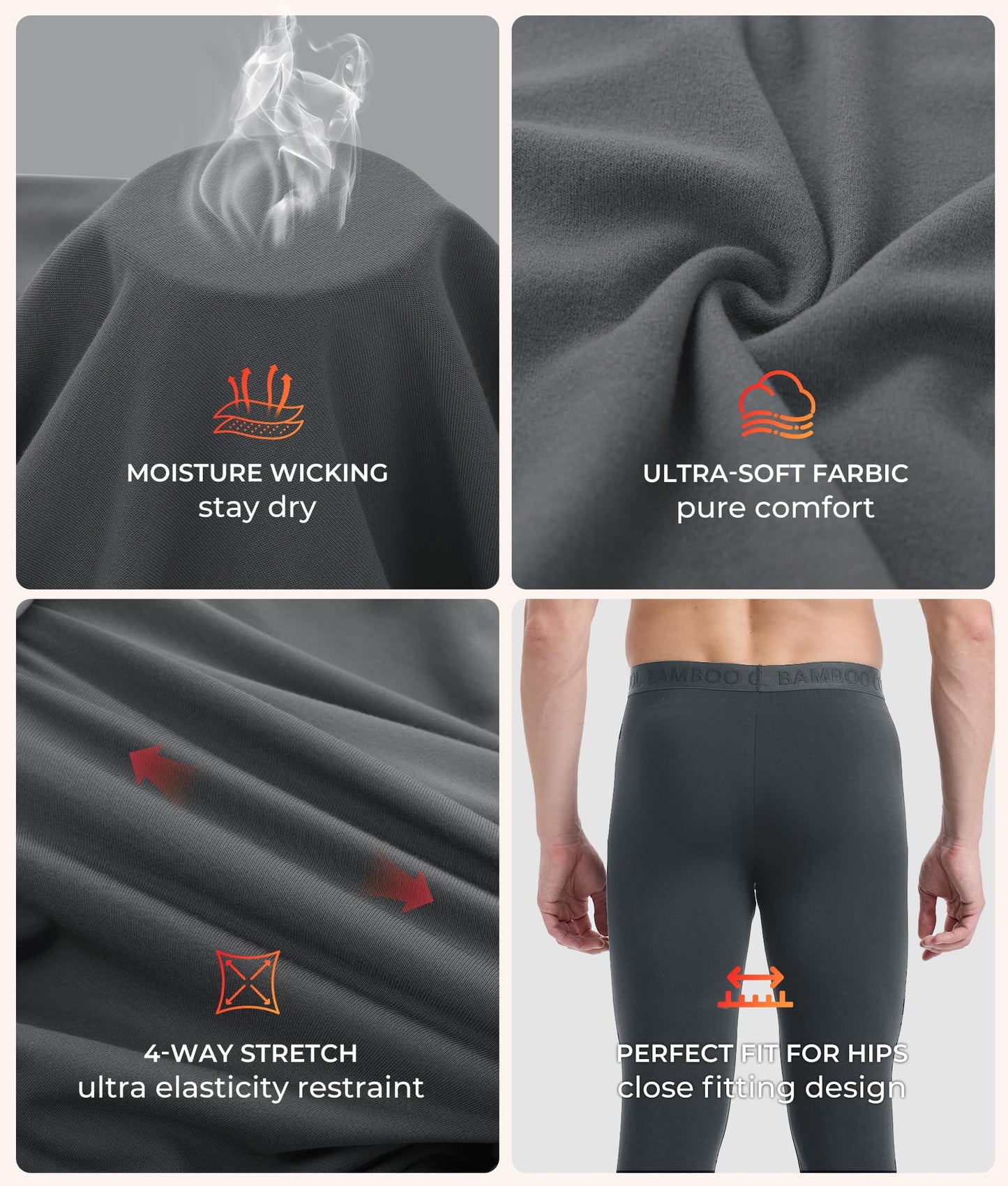 BAMBOO COOL Men's Lightweight Thermal Underwear Bottoms Fleece Lined Long Johns for Men Base Layer Pants for Cold Weather