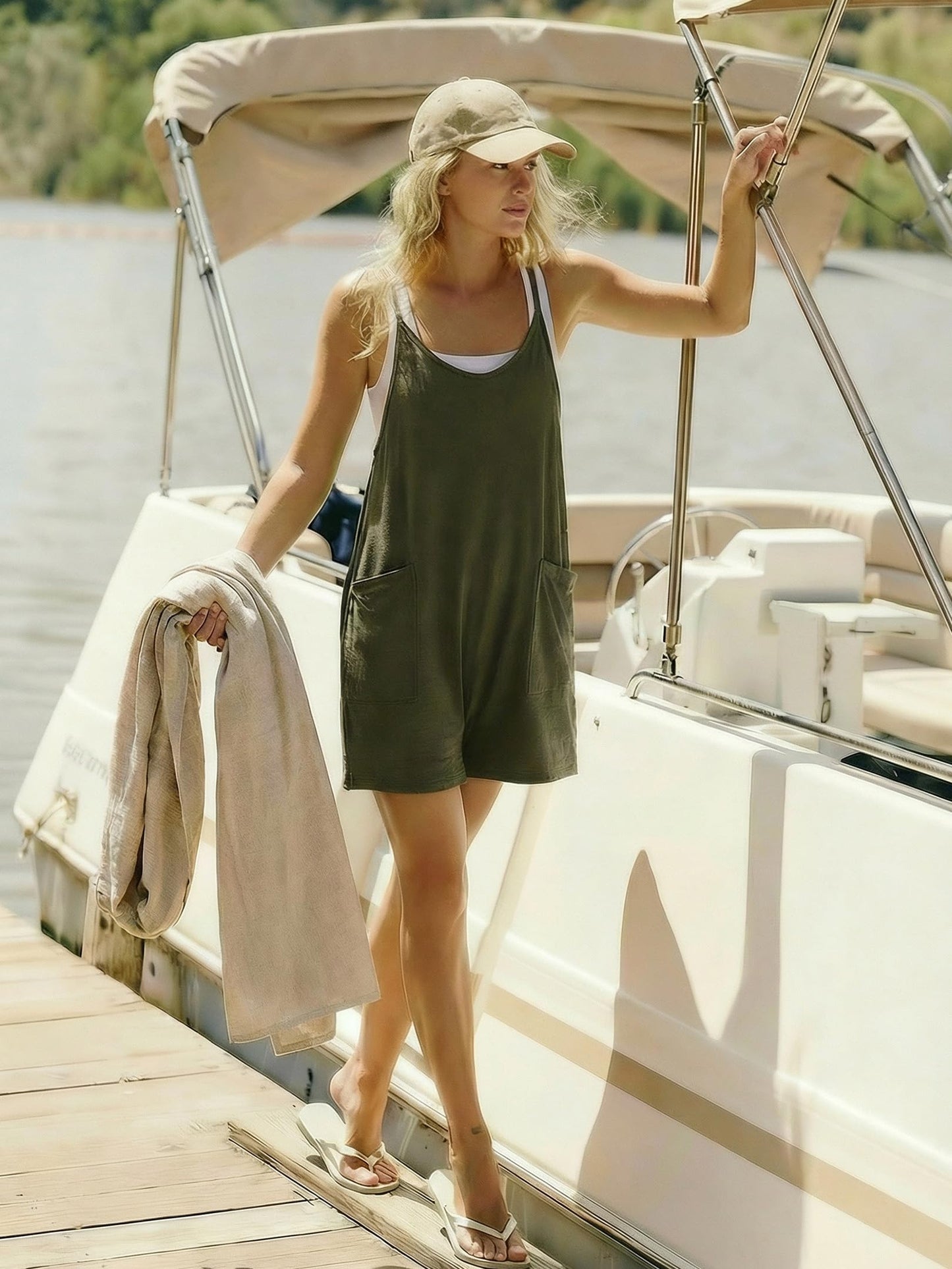 Ekouaer Rompers for Women Summer Casual Sleeveless Spaghetti Strap Shorts Overalls Jumpsuits Beach Outfits with Pockets