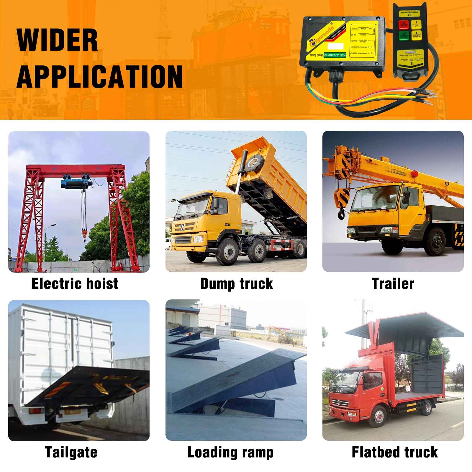 Bigorenda Wireless Crane Remote Control 12-36V,656FT Wireless Control,Dump Trailer Wireless Remote Control kit Industrial Crane Controller Hoist Truck Crane UpDown Switch Control with Emergency Stop