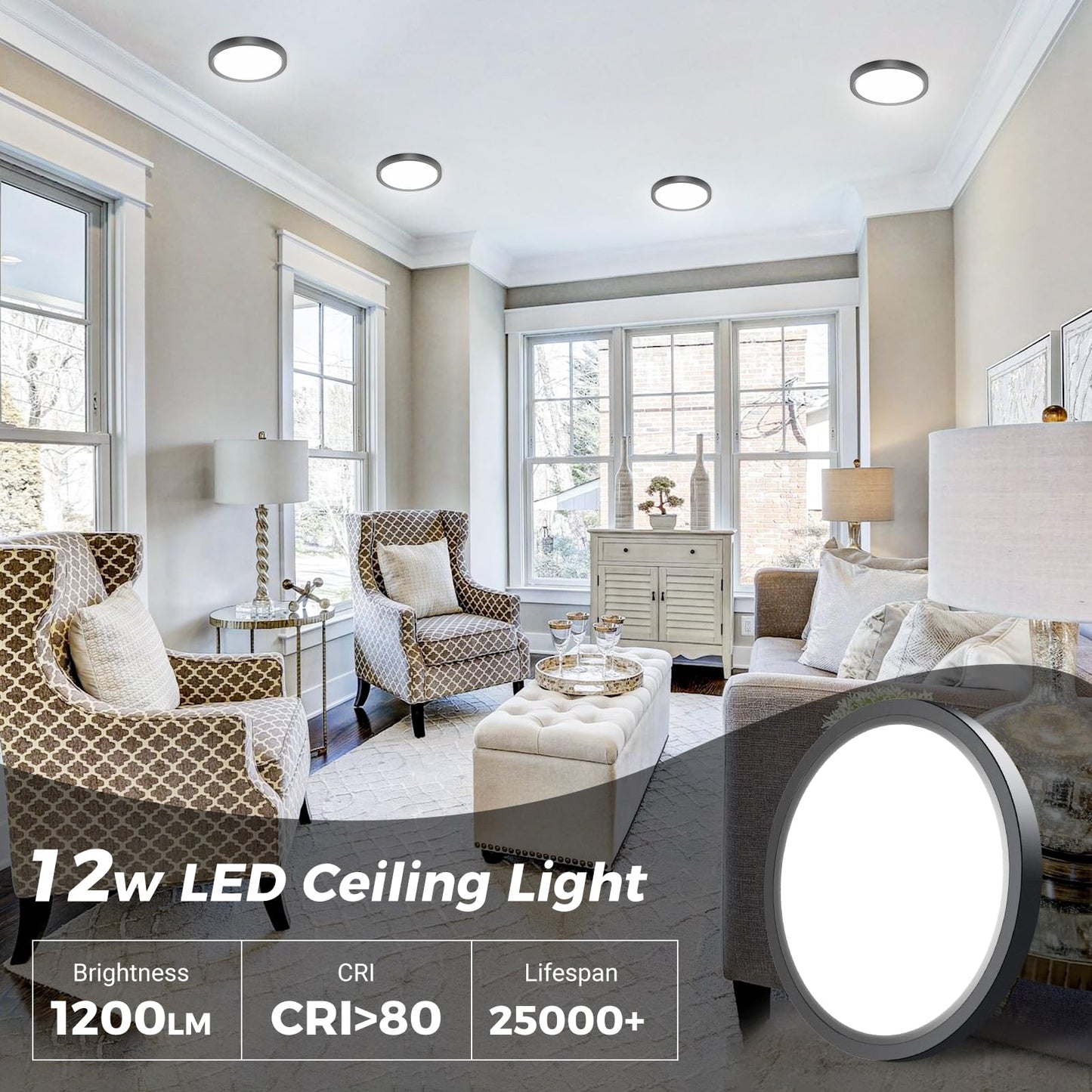 2PACK Flush Mount LED Ceiling Light Fixture - Black, 6.5Inch 12Watt, Dimmable & 3000K-4000K-6500K 3 Color Selectable Ceiling Lamp - 1200LM Low Profile Light for Kitchen, Bedroom, Hallway, Porch