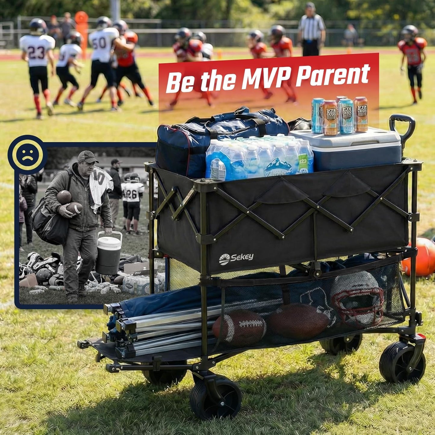 Sekey Heavy Duty Double Decker Wagon - 500Lbs Capacity, All-Terrain Big Wheels, Foldable Design for Camping & Sports