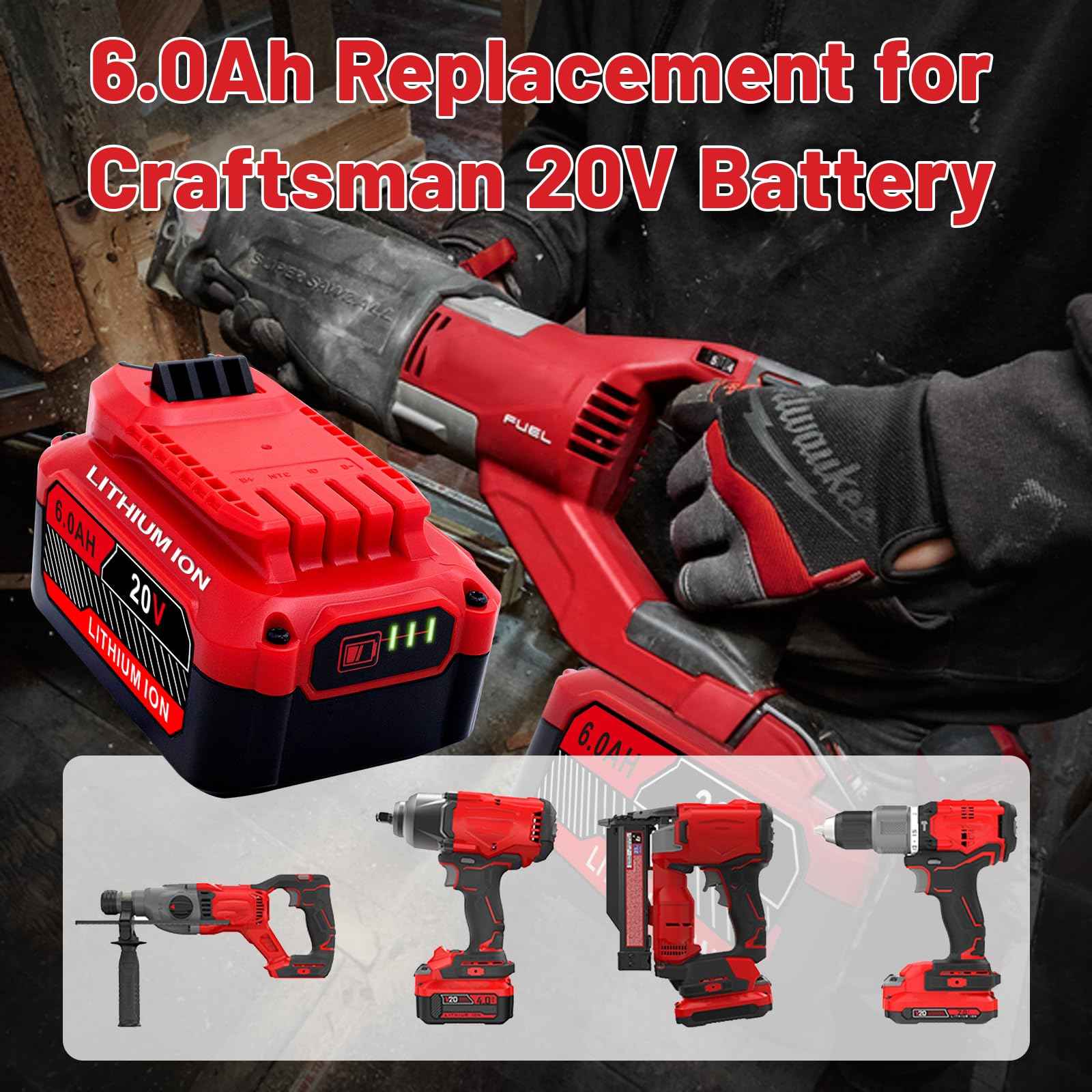 Ultraxxis Upgrade 2-Pack 6.0Ah Batteries Replacement for Craftsman 20V Battery Compatible with Craftsman CMCB205 CMCB204 CMCB206 CMCB202 CMCB201 20V Cordless Power Tools