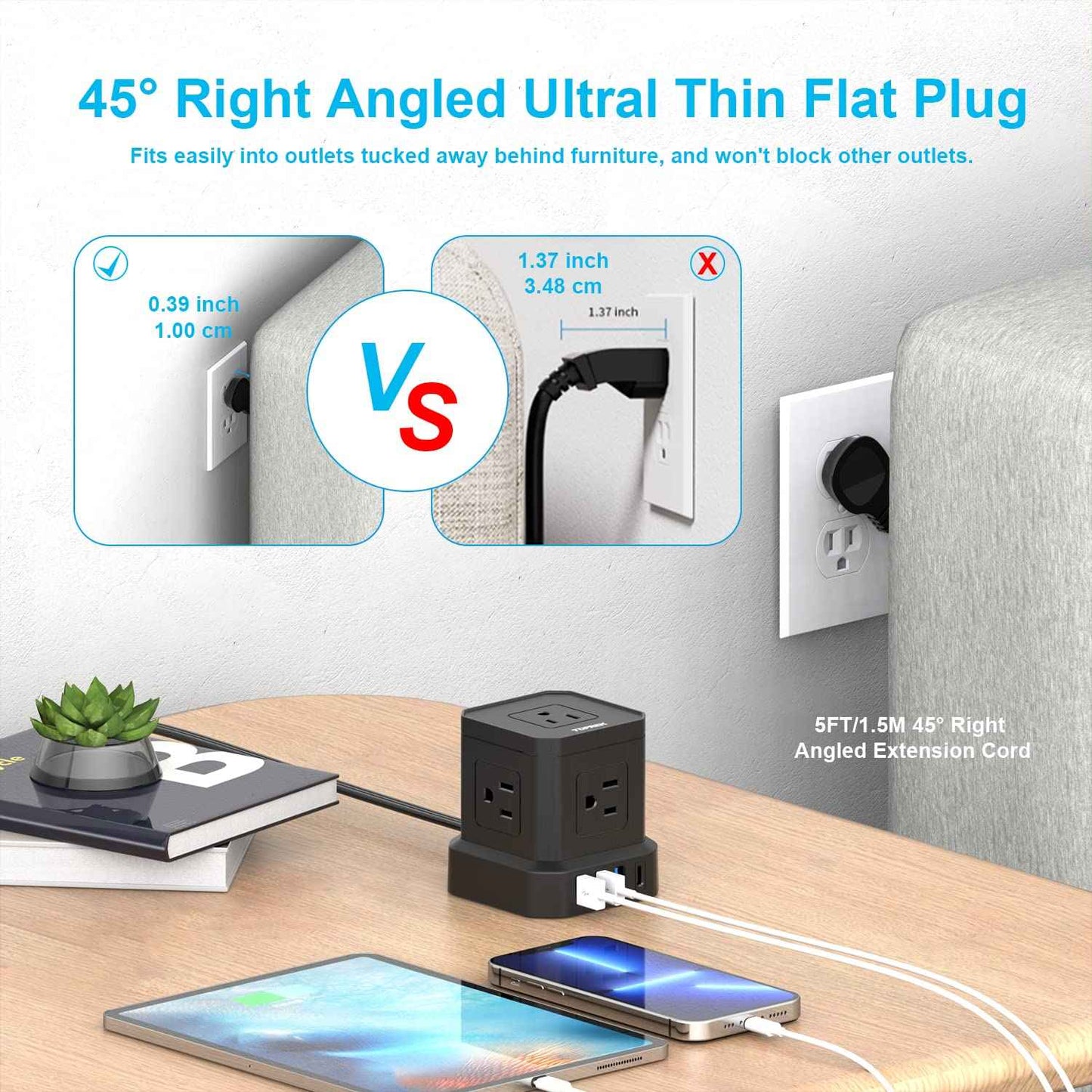 TOPREK Power Strip with USB, USB C (3.0A) Power Strip with 5 Outlets, 1 USB-C & 3 USB-A, 5 FT Flat Extension Cord with Ultra Thin Flat Plug, Surge Protector Compact for Home Office, Dorm, Hotel Travel