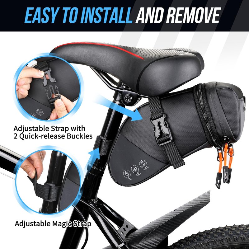 WOTOW Bike Saddle Bag - Waterproof Bike Seat Bag Expandable to 2L - Reflective Bicycle Under Seat Storage Pouch for Road Mountain Bike Cycling Travel