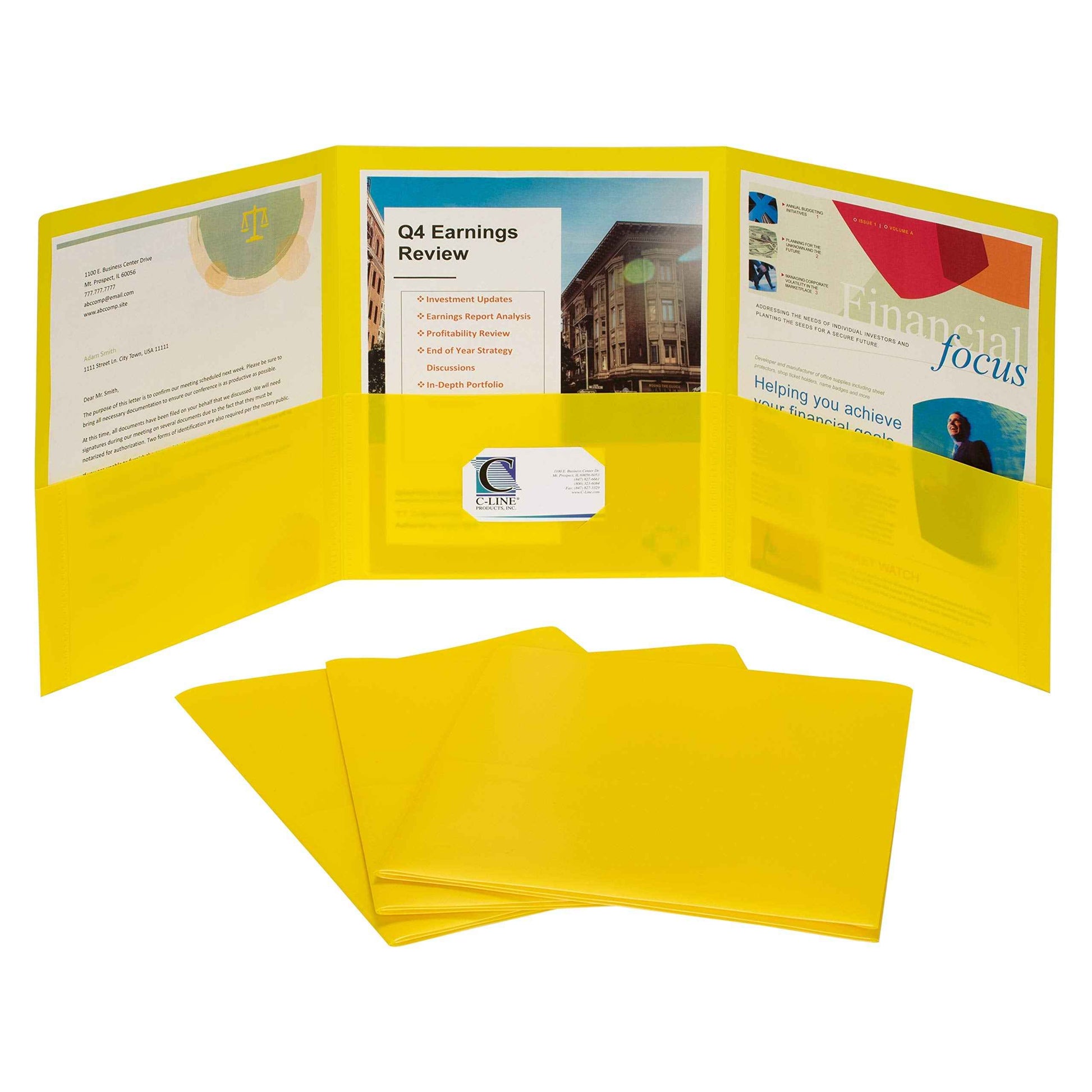 C-Line 3-Pocket Tri-Fold Heavyweight Poly Portfolios, Yellow, Box of 24 (33946-24)