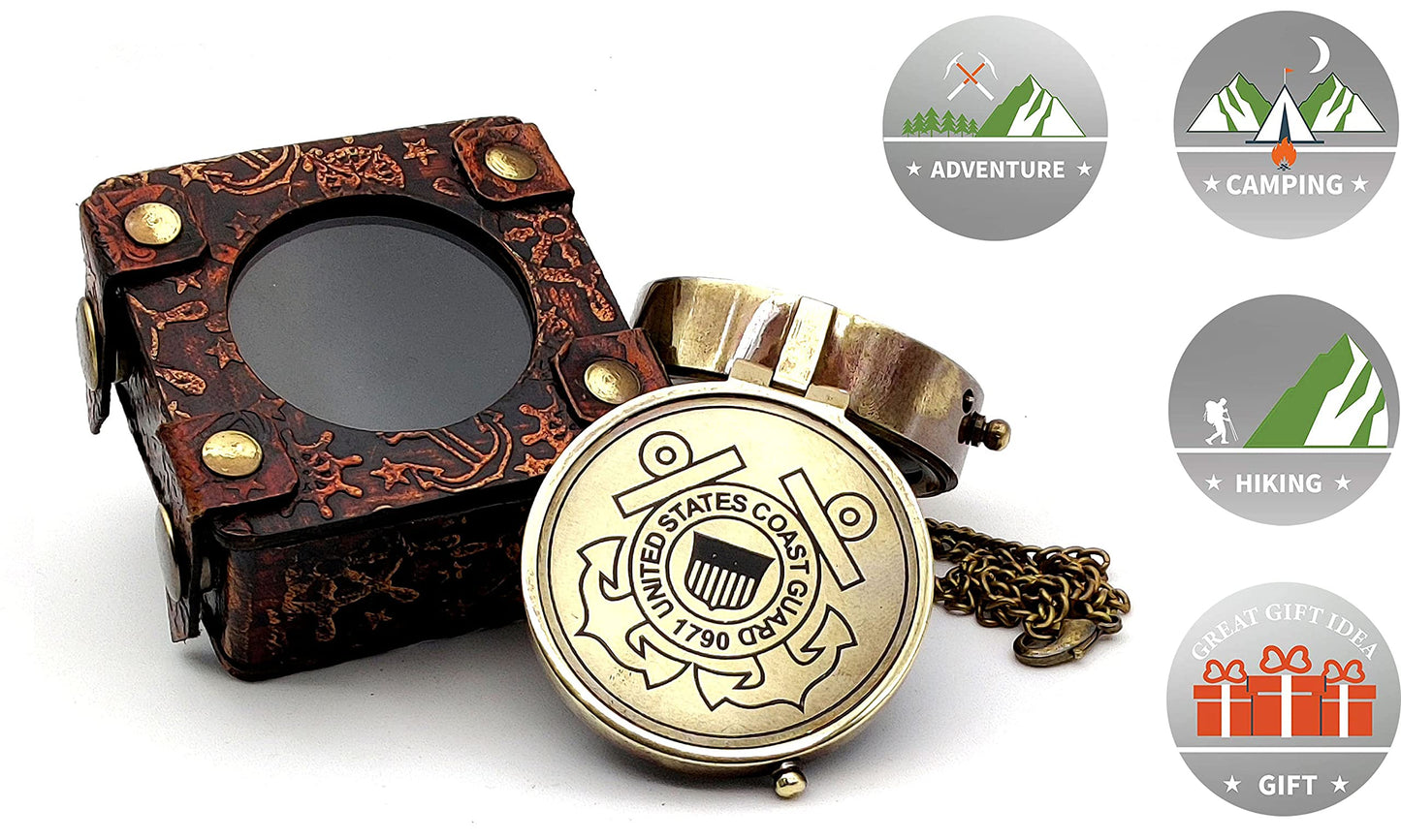 5MoonSun5's US Coast Guard Engraved Brass Military Compass with Leather Display Case - Nautical Marine Navigation Compass for Hiking Camping for Army Person
