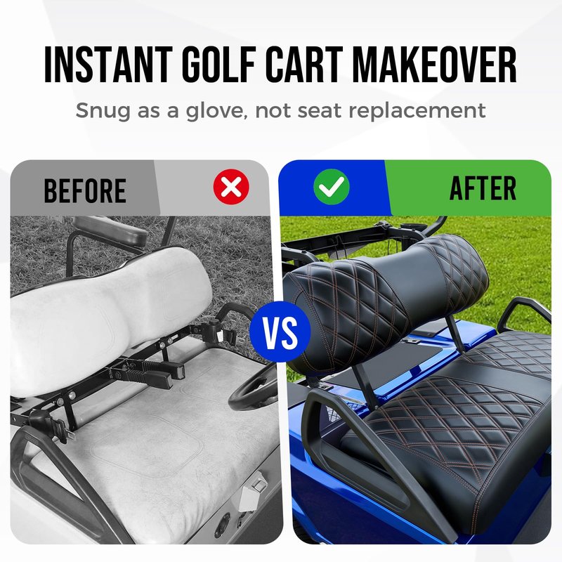 Tecoom Golf Cart Seat Covers Custom Fit for Club Car DS, Vinyl Front and Back Seat Protector Cushion Cover Set, No Stapler Required, Sun Dirty Protection Black Luxury Club Car DS Golf Cart Accessories