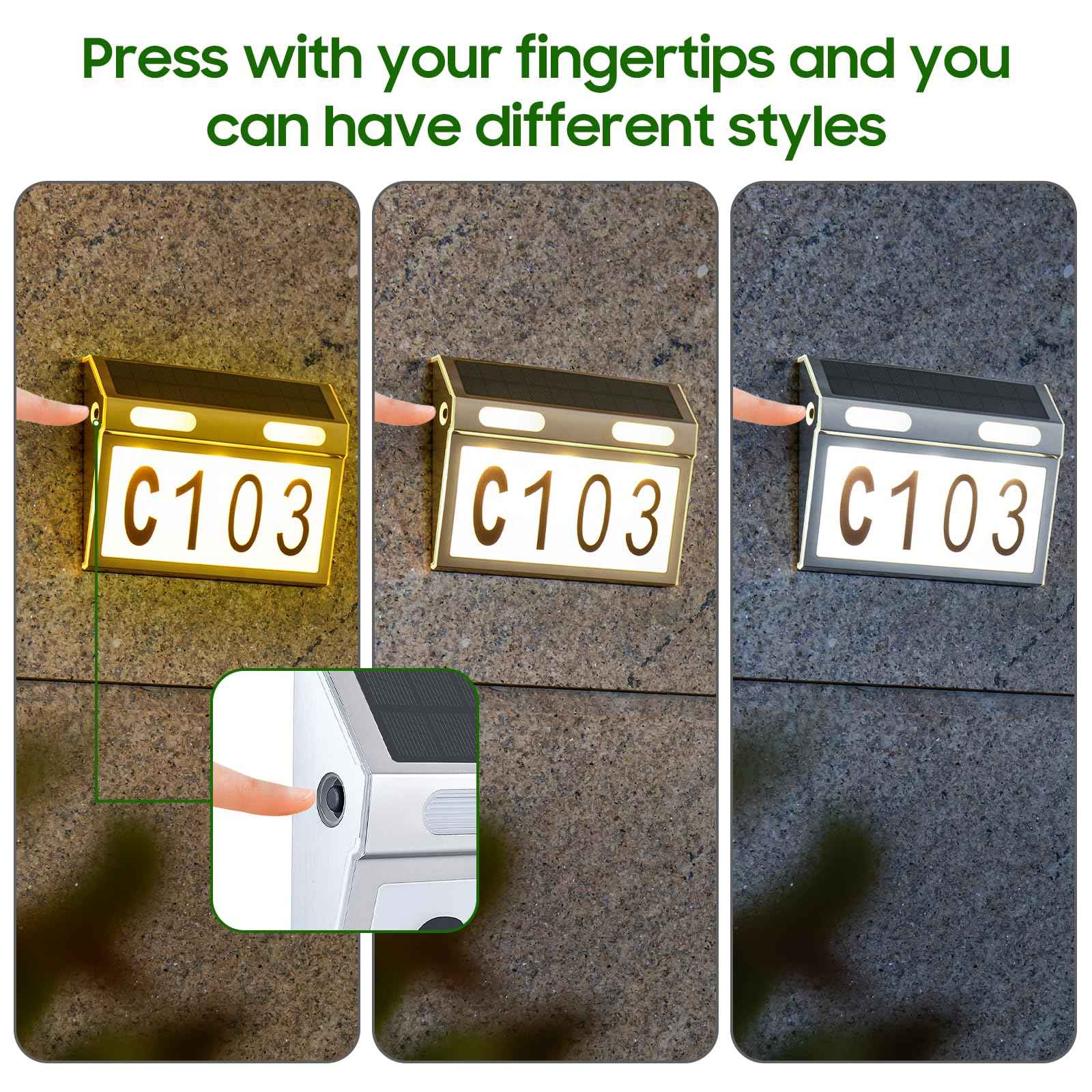 SNFKQPADJ Solar House Numbers for Outside Light Up - 3 Adjustable Color Temperatures (6000K/4000K/3000K)｜Stainless Steel Waterproof Address Sign｜Auto Light-Sensing & Easy Mount(Wall-mounted)