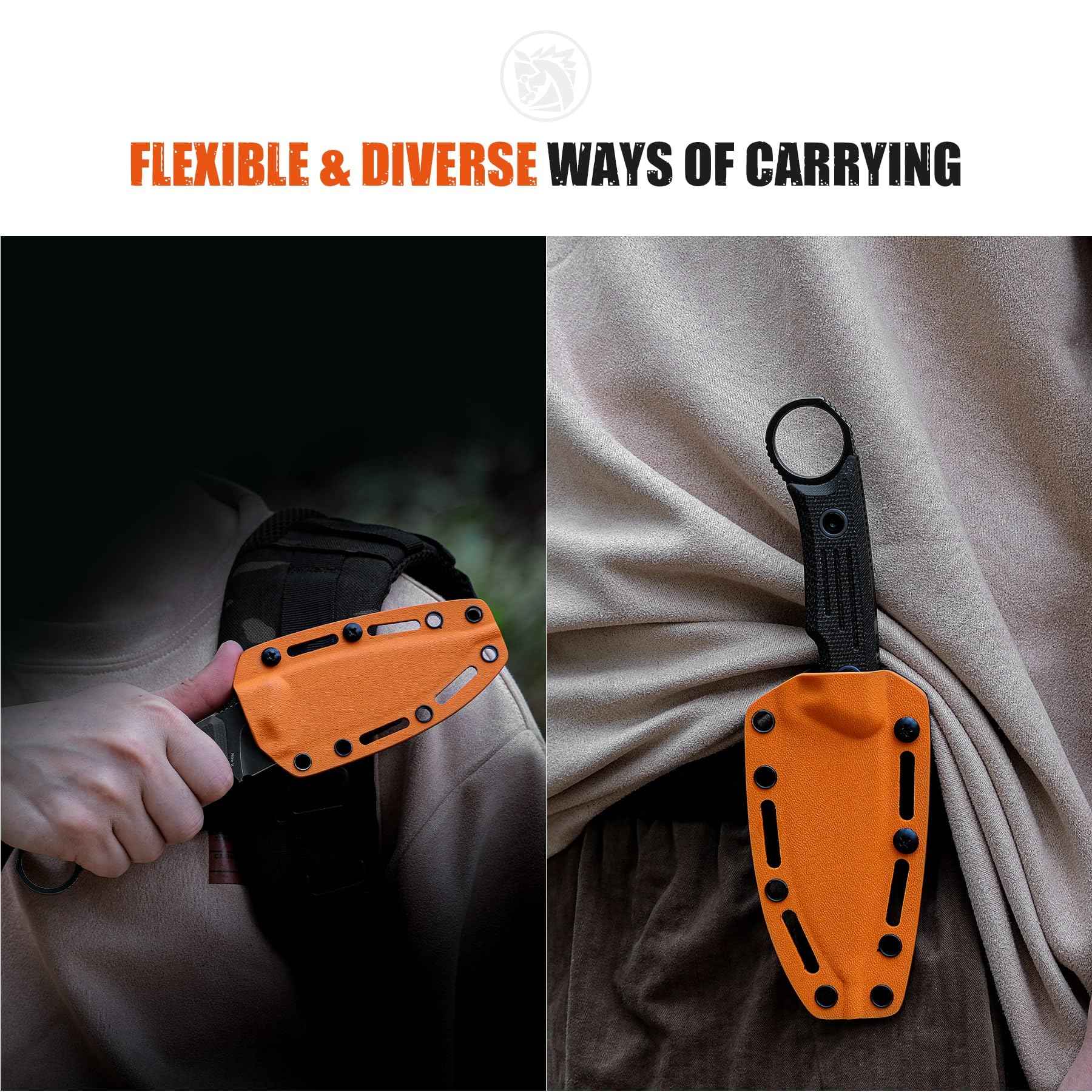 Vosteed Full Back Series EDC Fixed Blade Knife - 3.48" Nitro-V Steel Blade with Sheath, Black Micarta Handle with Finger Loop - Camping Hiking Knives - D0301