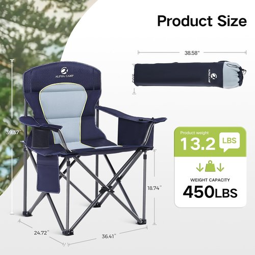 Green Party Folding Camping Chair - Oversized Heavy-Duty Lawn Chair with Cooler Bag & Cup Holder | Collapsible Padded Arm Chair