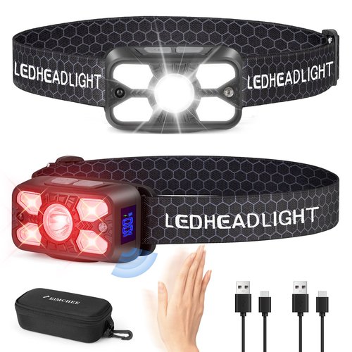 Elmchee Rechargeable Headlamp 2 Pack, 2500 Lumen Bright 5 LED Headlight, 7 Modes Adjustable Motion Sensor, USB-C Waterproof Head Flashlight, Outdoor Hiking Camping Fishing (5 Led Headlamp)