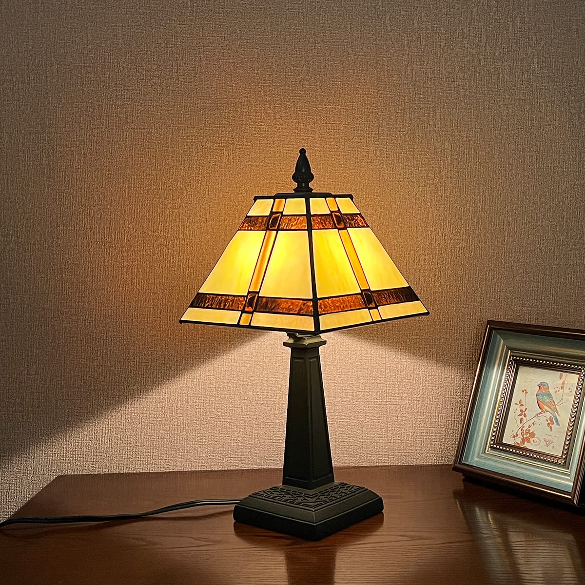 COTOSS Tiffany Table Lamps,Small Handcrafted Stained Glass Accent Table Light,Amber Mission Style Antique Desk Lamp for Bedroom Living Room Home Office