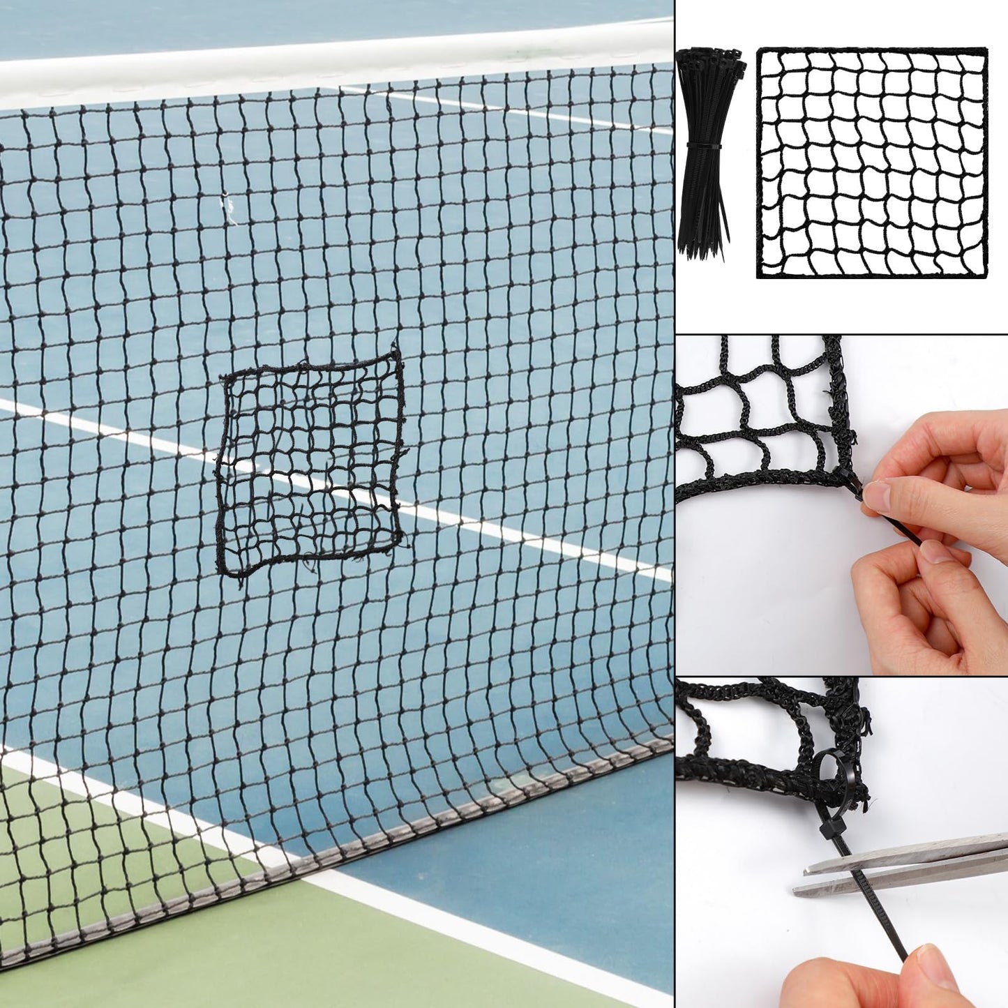 GliCraft 6 Pcs Universal Sports Net Repair Kits with 100 Pcs Zip Ties Golf Goal Nylon Netting Hole Replacement Patch for Baseball Batting Cages Soccer Football Hockey(8 x 8 Inch,Black)