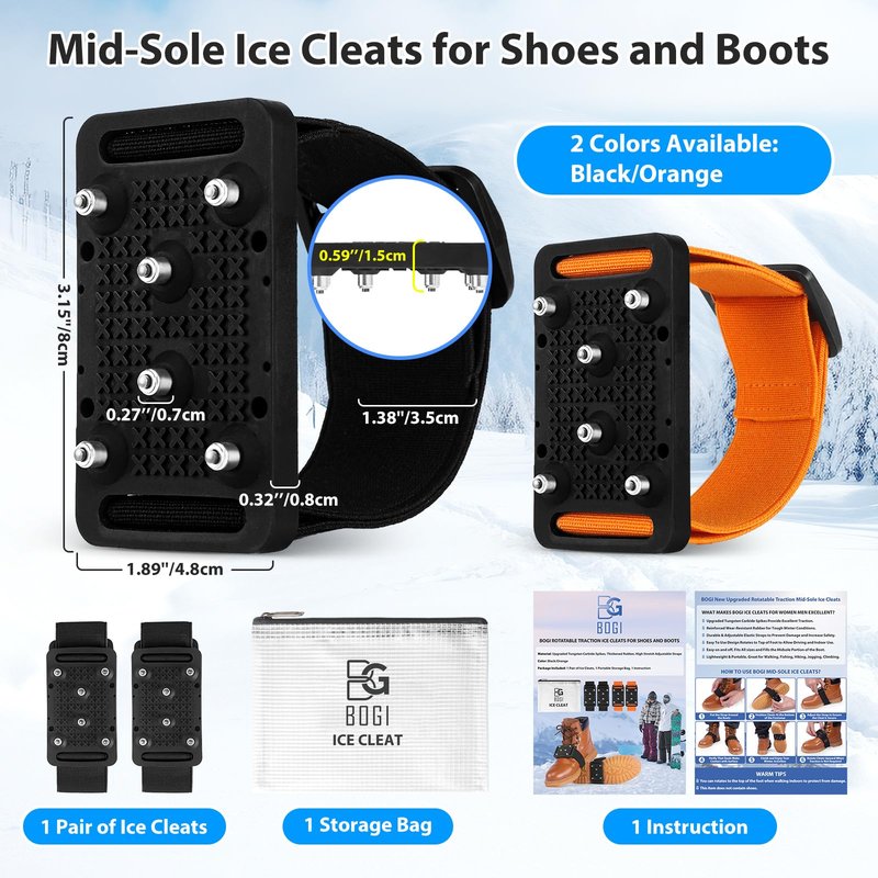 BOGI Ice Cleats Crampons, Rotatable Traction Ice Cleats for Shoes and Boots with Tungsten Studs Ice Grippers for Shoes with Adjustable Straps for Men Women in Winter Indoor/Outdoor