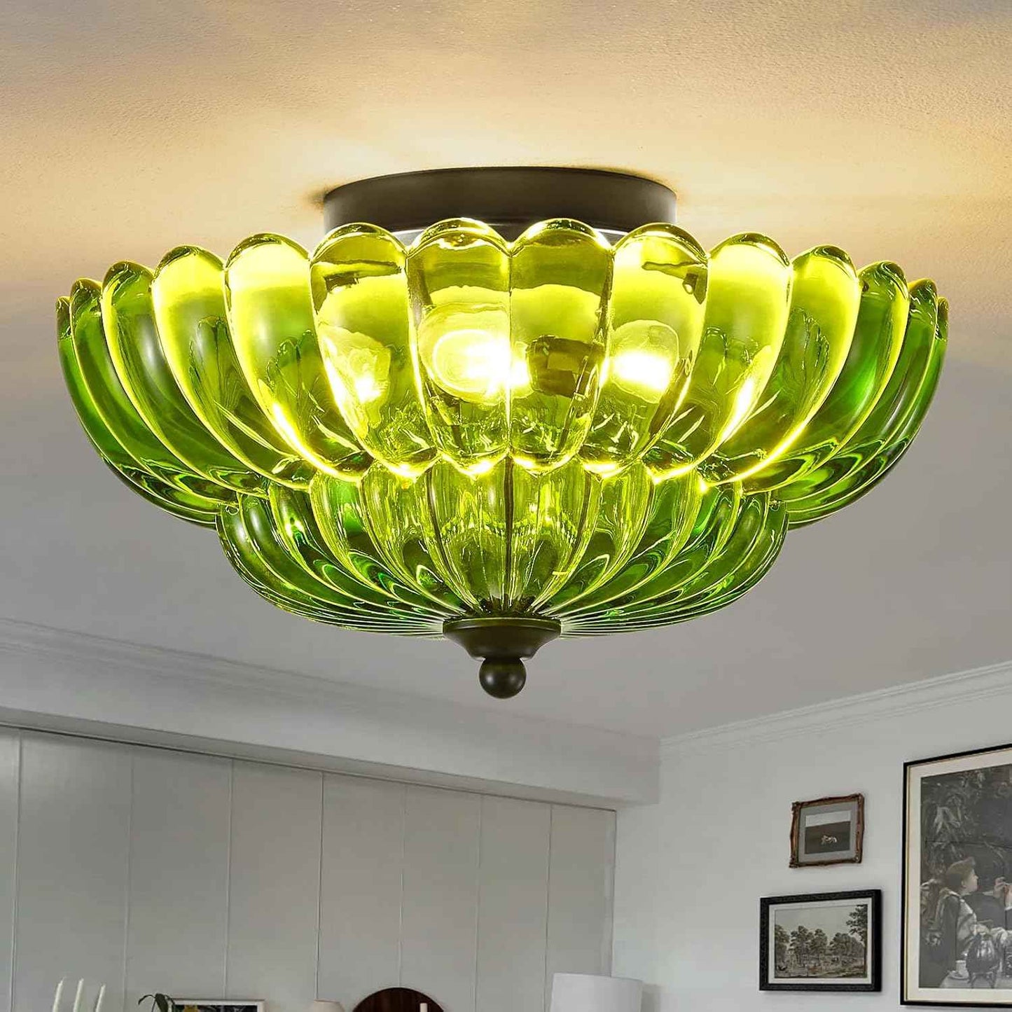 Modern 3-Bulb Semi Flush Mount Ceiling Light Fixture - Vintage Amber Glass for Bedroom, Kitchen, Living Room