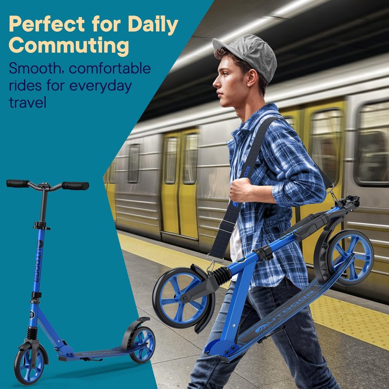 Outdoor Cruiser Kick Scooter for Ages 6+, for Kids, Teens, and Adults, Max Load 250 LBS, Foldable, 8-inch Wheels for Kids and Adults, Dual Suspension, 3 Adjustable Levels, Child Safety Approved, Blue