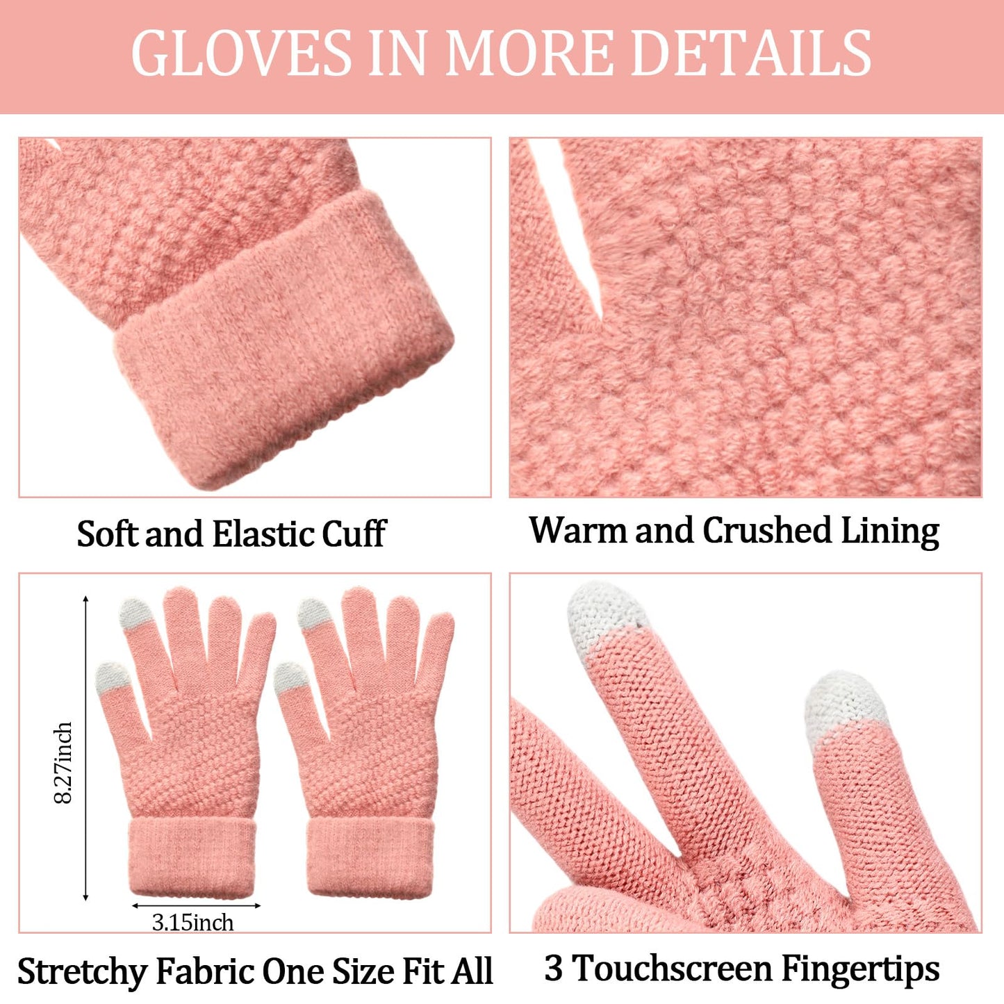 Geyoga 3 Pcs Winter Beanie Hat Scarf Gloves Set Warm Winter Knit Hats with Pom Long Scarf Touchscreen Gloves for Women Men(Pink)
