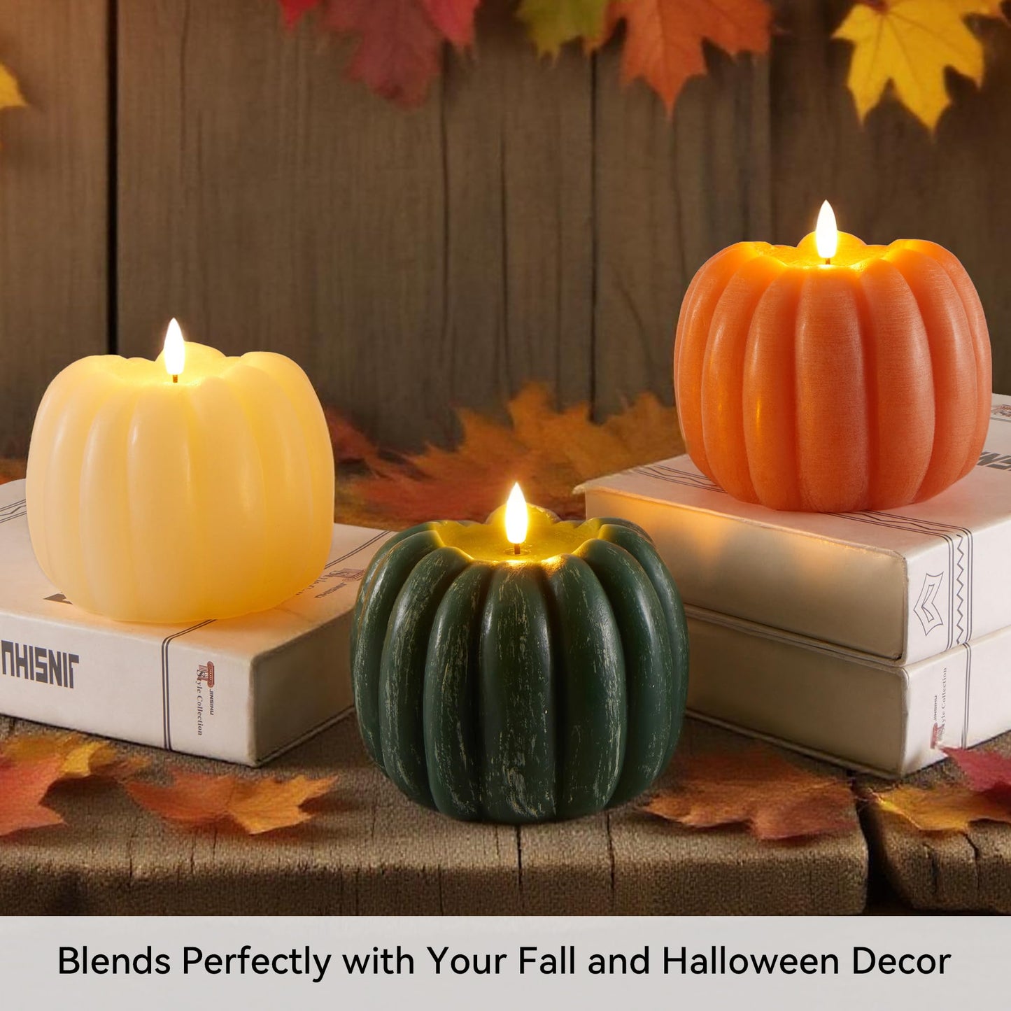 Velsyn Fall Decorations for Home, Flickering Flameless Wax Pumpkin LED Candle with Timer Remote Control, Thanksgiving Gifts, Autumn Farmhouse Rustic Harvest Decor for Tiered Tray Table Indoor (Orange)