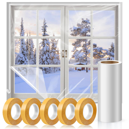 Window Insulation Kit, 63 × 394 Inch Plastic Window Coverings for Winter, Thicken Window Shrink Film Insulator Kit Windows Waterproof Winterizing with 5 Double-Sided Tape for 10 Pcs 3 x 5 Ft Windows