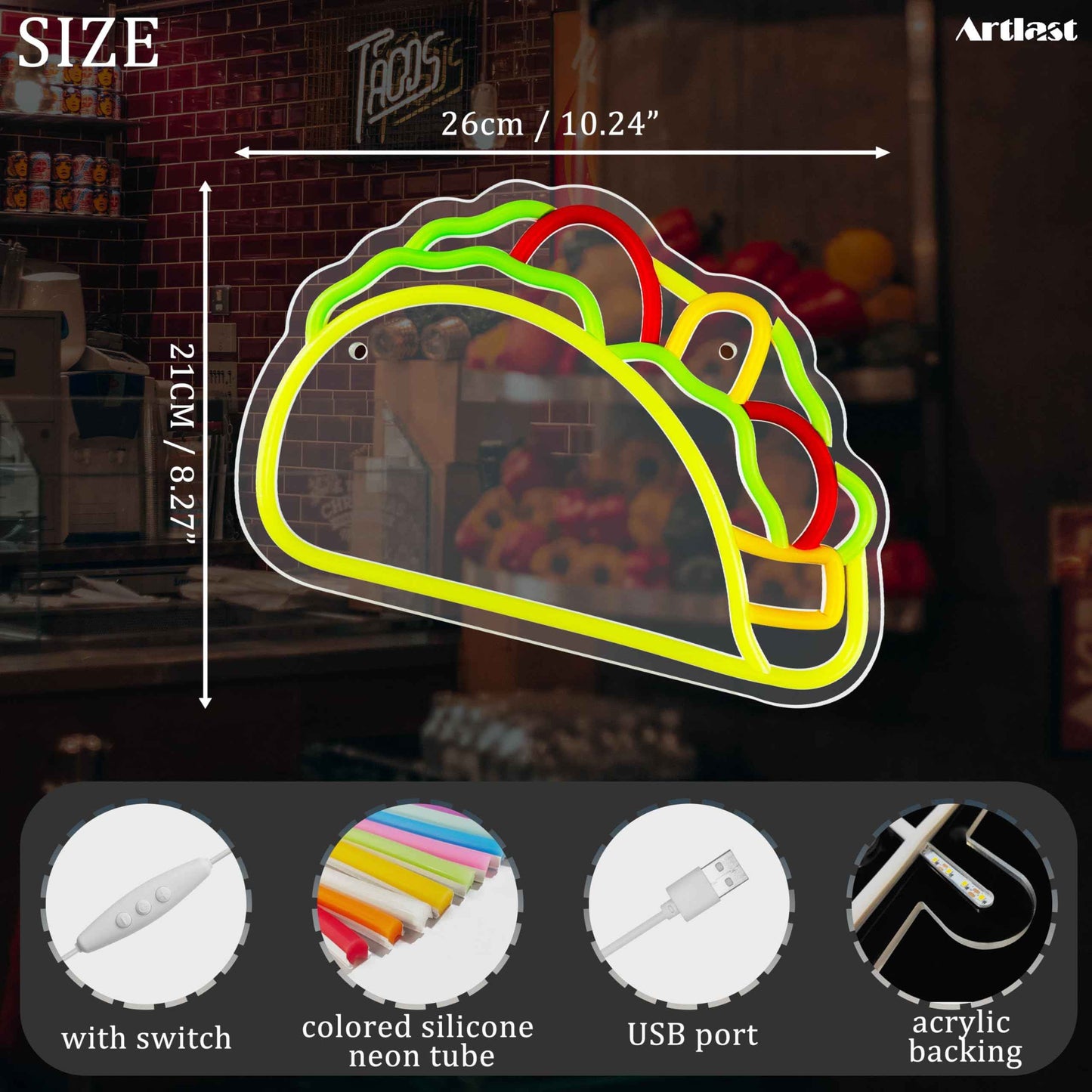 Artlast Tacos Shaped Neon Sign LED Neon Taco Signs for Mexican Food Restaurant Wall Decor Tacos Decorations for Taco Bar Party Kitchen Bedroom Wall Art Decor Signs