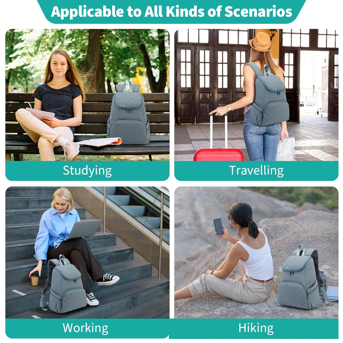 NOL Natural Organic Lifestyle Women's Quilted Puffer Backpack, Large Waterproof Lightweight Puffy Bookbag, Carry on Daypack for Travel, Work (Dusty blue)