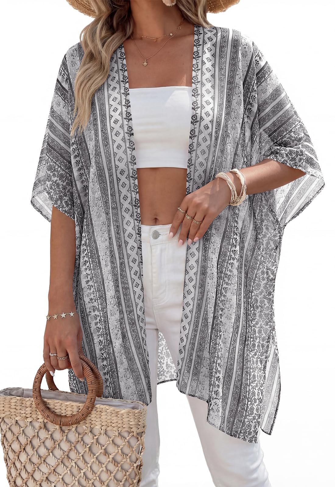 PRETTYGARDEN Summer Kimonos for Women Boho Floral Short Sleeve Kimono Cardigans Swimsuit Beach Cover Ups for Women Swimwear (Grey Floral, Large)