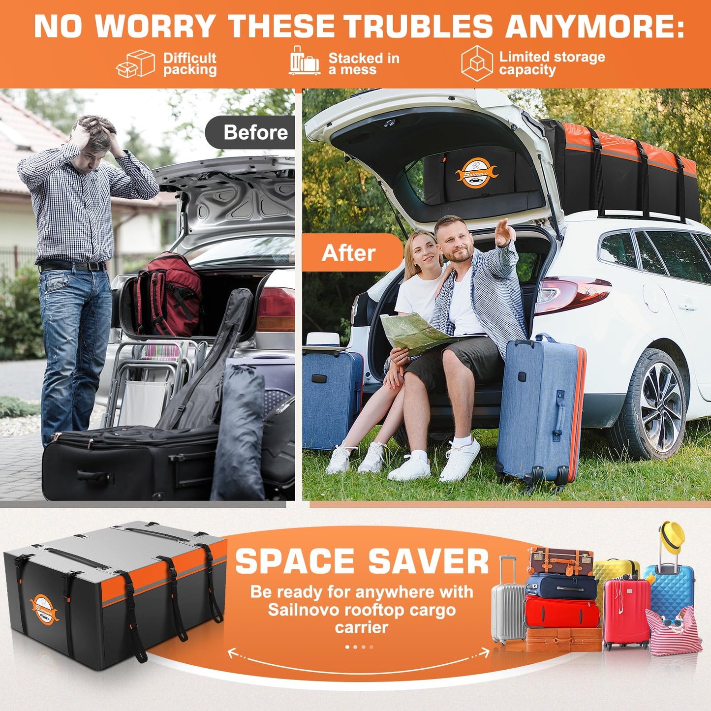 Sailnovo Rooftop Cargo Carrier Bag 20 Cubic, 1000D PVC Waterproof Vehicle Soft-Shell Carrier for Cars with/Without Roof Rack, Car Roof Storage Includes Anti-Slip Mat,10 Reinforced Straps, 6 Door Hooks