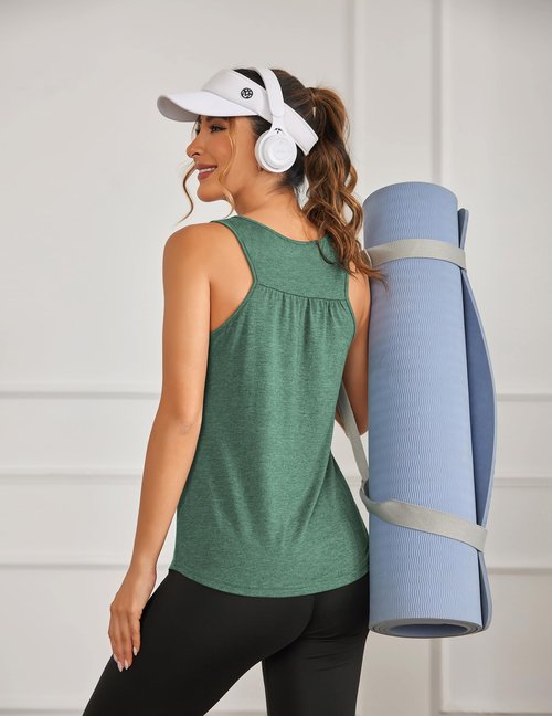 PINSPARK Workout Tops for Women Racerback Tank Top Moisture Wicking Athletic Yoga Shirts Sleeveless Crewneck Running Sports Muscle Tee,Dark Grey/Dark Green L