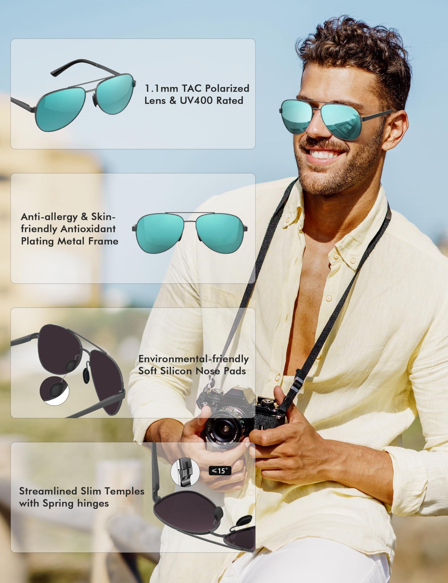 LUENX Aviator Sunglasses for Men Women Polarized - UV400 Protection, Stylish Shades, Driving, Outdoor Activities 59MM(Light Blue)