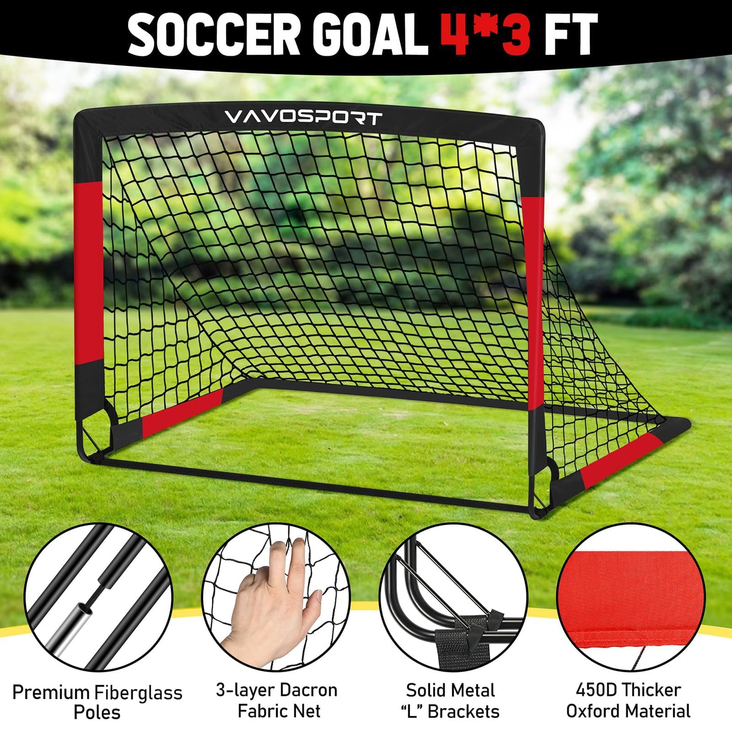 VAVOSPORT Kids Soccer Goals for Backyard, 2-Pack 4x3ft Portable Soccer Nets, Pop Up Mini Toddler Soccer Goal Set with Size 3 Ball, Cones & Pump for Ages 3-12, Indoor & Outdoor Practice Training Kit