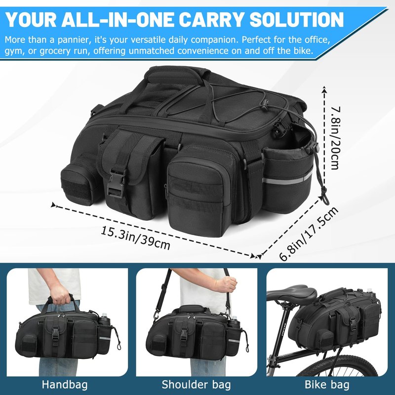 CDYWD 1050D Waterproof Rear Bike Rack Bag, 15L Large Bicycle Trunk Bag with Shoulder Strap for Cycling Commuter Shopping Travel, Bike Back Cargo Rack Bike Saddle Bag for Ebike, MTB, Cruiser, City Bike