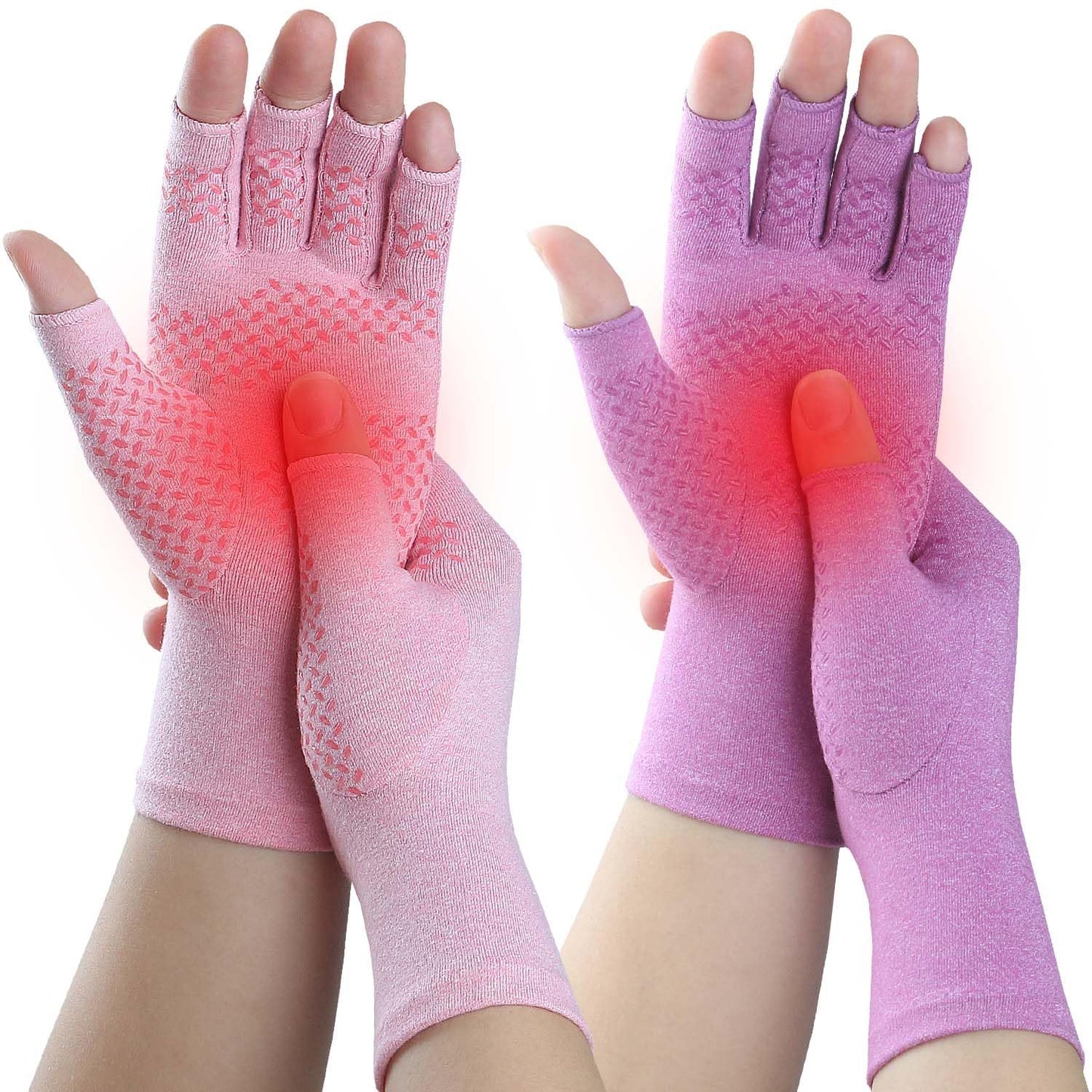 Kecartu 2 Pairs Compression Gloves for Rheumatoid Arthritis, Osteoarthritis, Carpal Tunnel Pain, Fingerless Arthritis Hand Gloves for Women Men Support Work&Computer Typing (Pink+Purple, Medium)