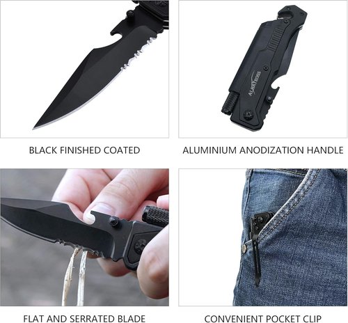 ALBATROSS 6-in-1 Tactical Folding Pocket Knife - Multi-Function Survival Tool with LED Light & Glass Breaker | Black