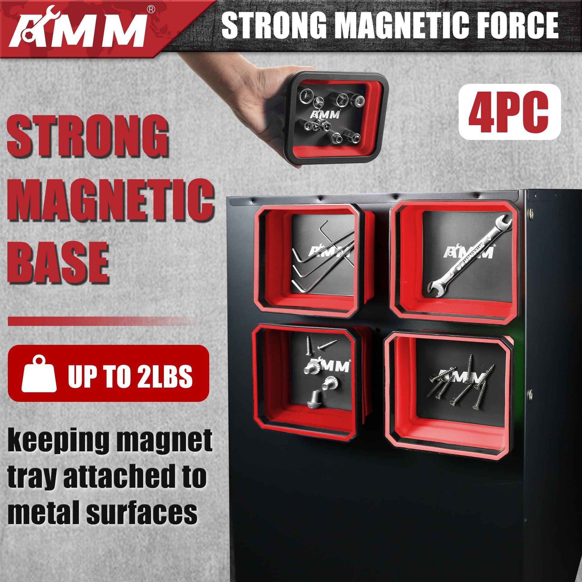 AMM Magnetic Tray, 4 PC Foldable Magnetic Tool Tray Set for Bolts Screws Nuts & Small Metal Parts, Mechanic Tool Present for Men, 4.5 Inch Square (4PC, Red)