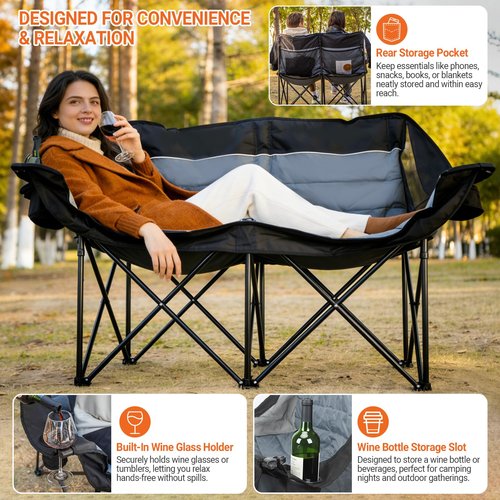 Leadpro Double Camping Chair for Adults - Heavy Duty 700LB Oversized Padded Camping Loveseat, 2 Person Folding Outdoor Chair with Cup Holders for Lawn, Backyard (Grey)