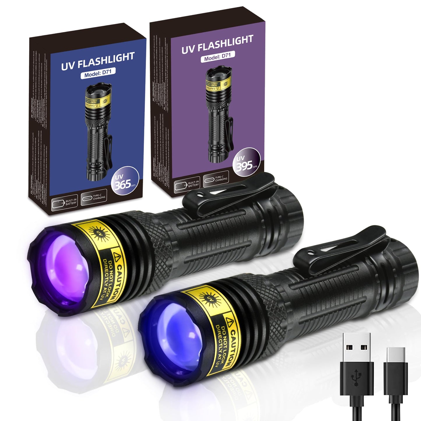 DARKDAWN UV Flashlight 365&395nm Black Light Mini USB Rechargeable Ultraviolet LED Blacklight Woods Lamp Powerful Fluorescent Portable Detector for Pet Urine Stains, Money, Resin Curing（2 Pack）