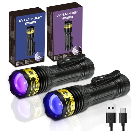 DARKDAWN UV Flashlight 365&395nm Black Light Mini USB Rechargeable Ultraviolet LED Blacklight Woods Lamp Powerful Fluorescent Portable Detector for Pet Urine Stains, Money, Resin Curing（2 Pack）