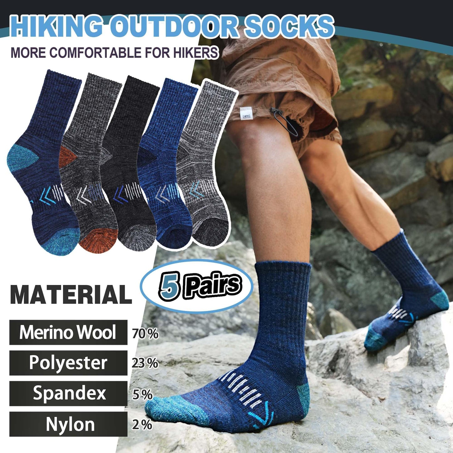 SAVALOS Merino Wool Hiking Socks for Men Thermal Warm Winter Cozy Work Crew Gifts Socks Stocking Stuffers 5 Pairs(Arrow-Mixed,M)