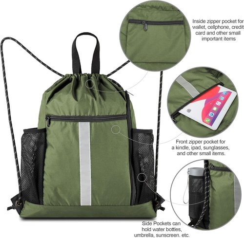 BeeGreen Moss Green Drawstring Bag - Heavy-Duty Sport Cinch Sack with Shoe Compartment & Mesh Pockets