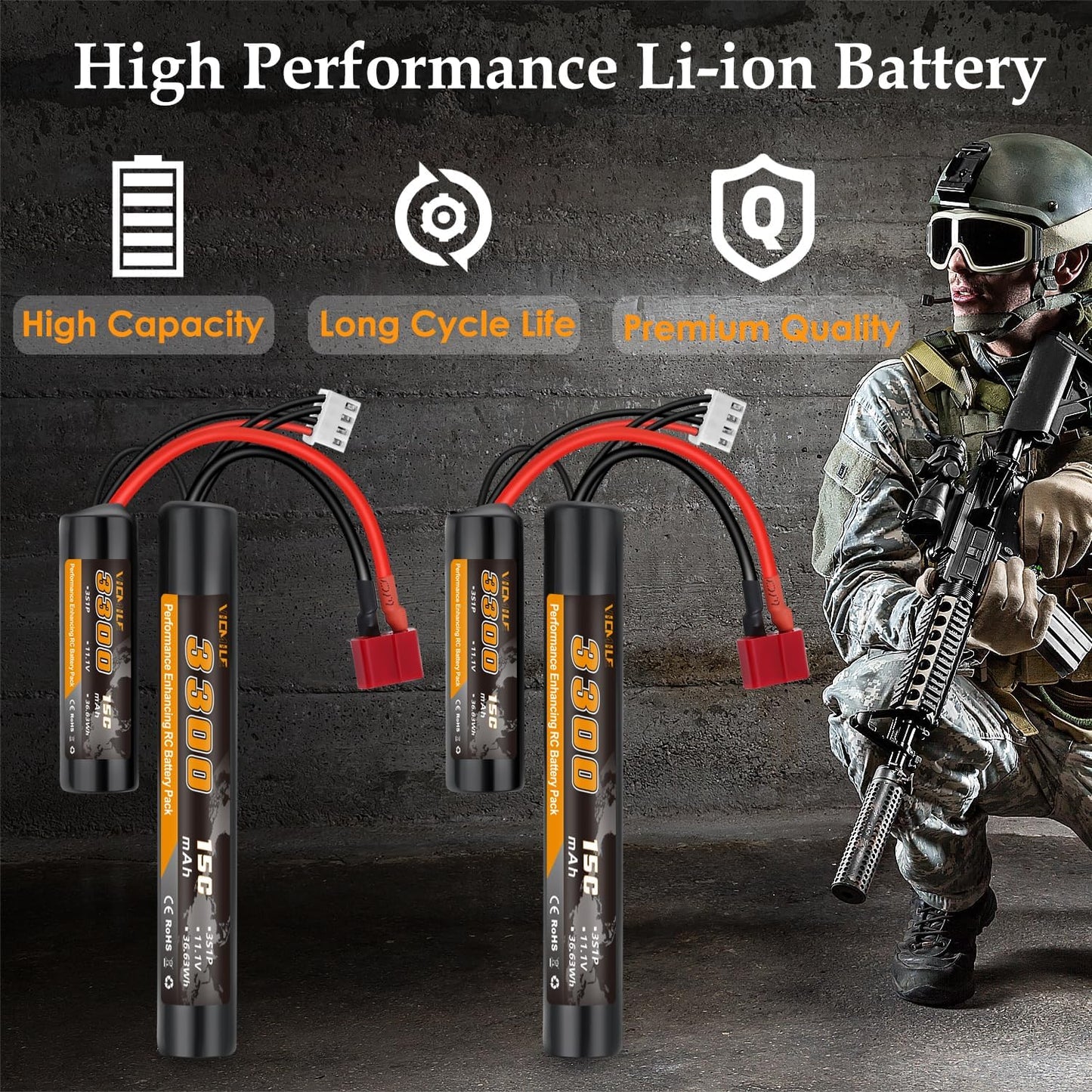 3300mAh Airsoft Battery by [Brand Name] - 11.1V Nunchuck Rechargeable Battery with Dean T Plug | Fits AK47, M4, MP5