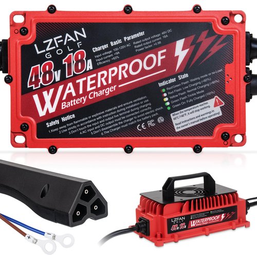 LZFAN 18 AMP Golf Cart Battery Charger for 48 Volt Club Car with Triangle 3-Pin Style Plug and Rapid Charge Cable, Portable Waterproof Golf Cart Charger Compatible with EZGO RXV & TXT