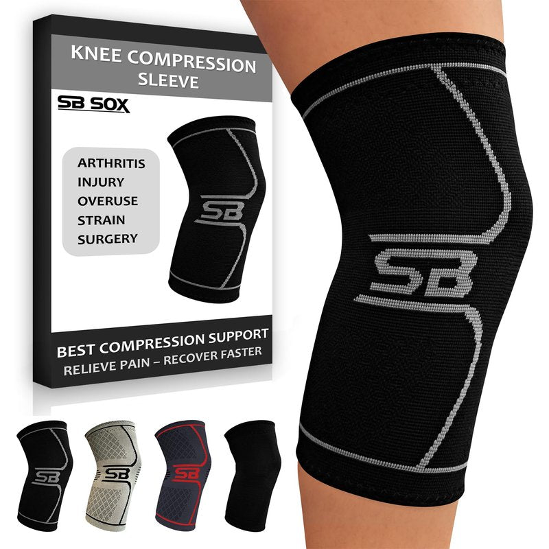 SB SOX Compression Knee Brace - Great Support That Stays in Place - Perfect for Recovery, Everyday Use - Best Treatment for Pain Relief, Meniscus Tear, Arthritis (Black/Gray, Large)