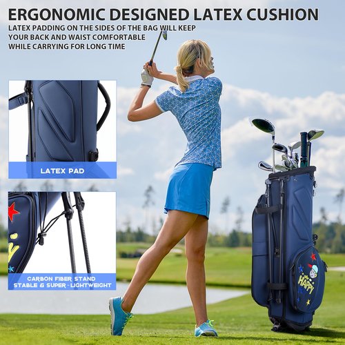 Golf Stand Bag with 5-Way Dividers, Waterproof PU Leather, Funny Detachable Patch, 7.3 lbs for Men & Women, (Navy EMB)