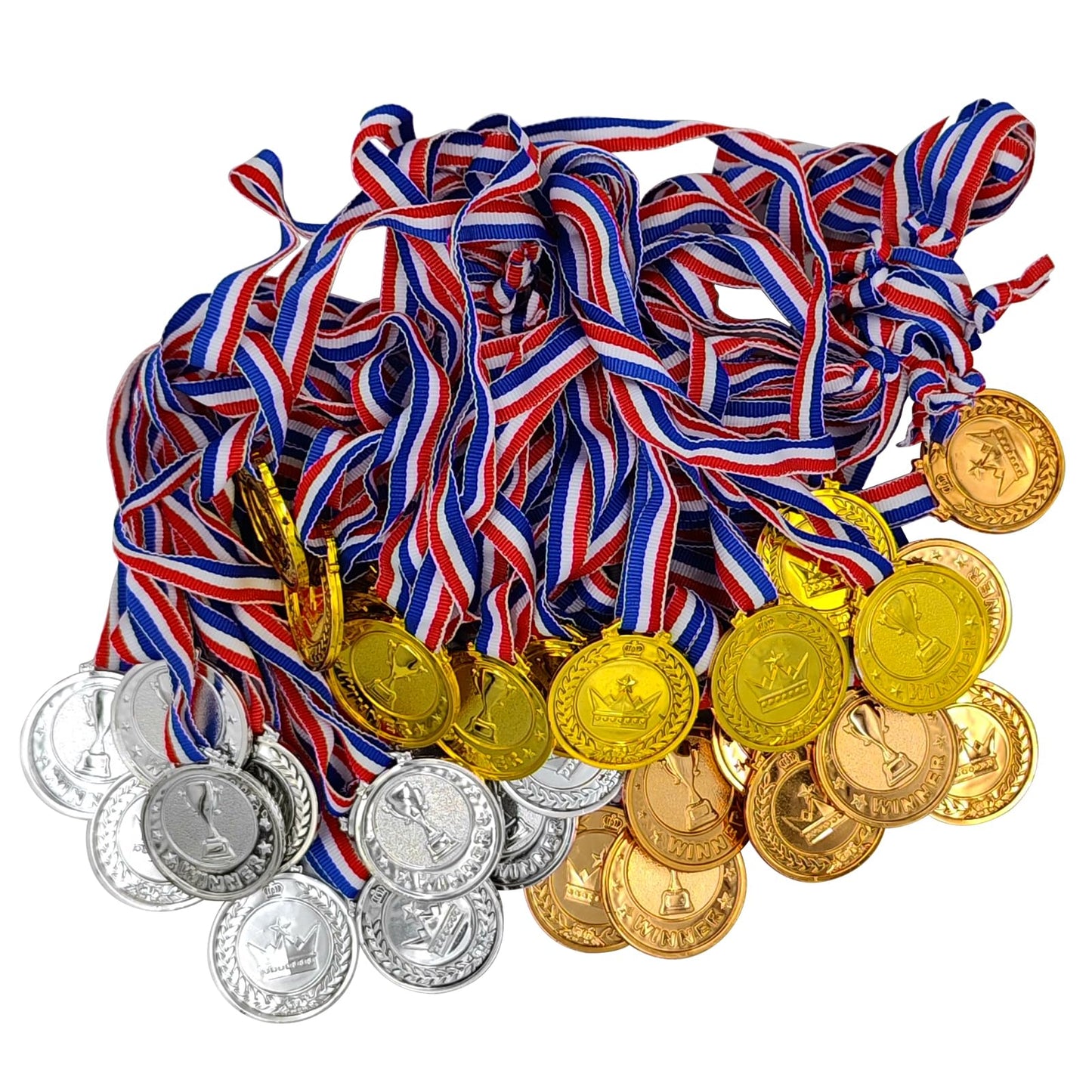 36 Pieces Plastic Gold Silver Bronze Winner Medals for Kids for Award, Olympic Trophy Medals for Kids Games Competitions, Gifts, Sports Party Favors and Decorations