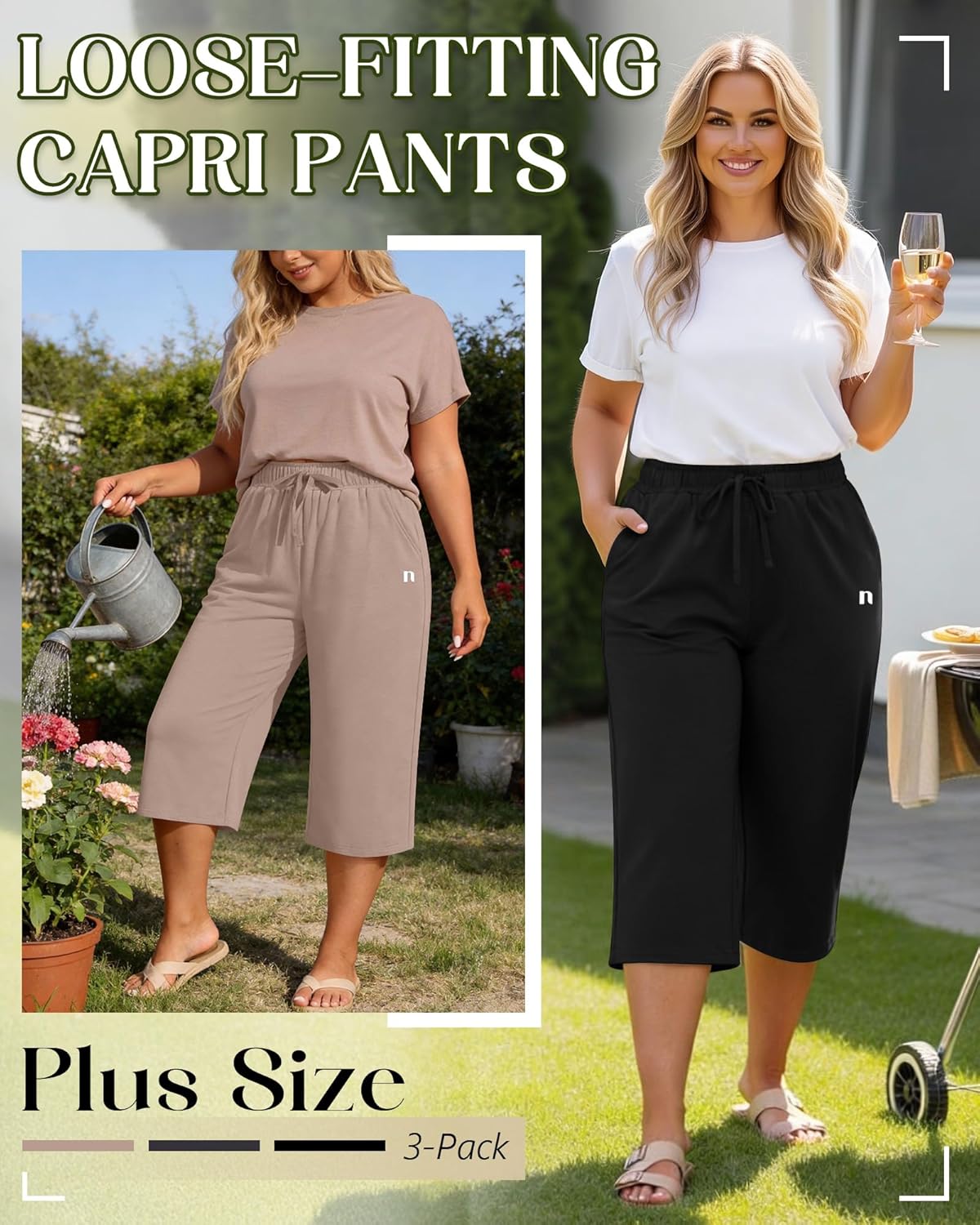 Neer Plus Size Women's Capri Pants - Wide Leg Casual Drawstring Sweatpants with Pockets | 3 Pack