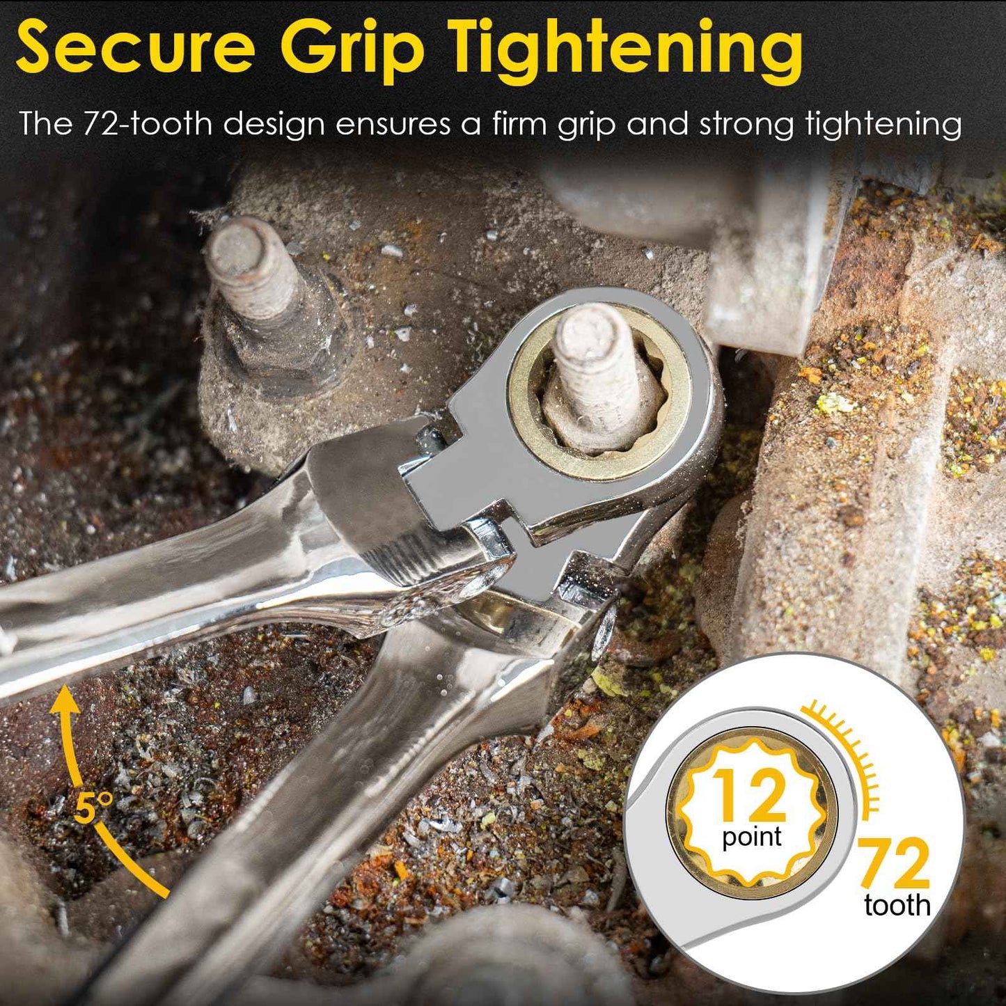 YIYEIE 14 * 15 mm Extra Long Flex-Head Ratcheting Wrench, Metric, 72-Tooth Double Box End Long Handle Ratchet Wrench, CR-V Steel with Mirror Finish Labor-Saving Spanner