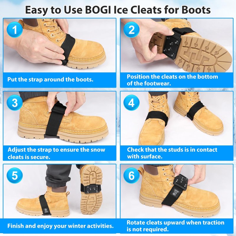 BOGI Ice Cleats Crampons, Rotatable Traction Ice Cleats for Shoes and Boots with Tungsten Studs Ice Grippers for Shoes with Adjustable Straps for Men Women in Winter Indoor/Outdoor