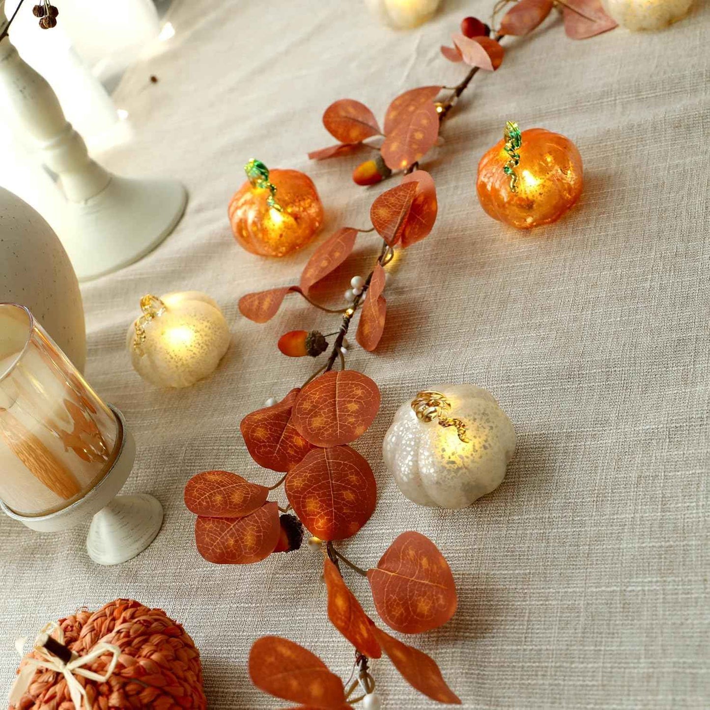 Set of 3 Golden Glass Pumpkin Lights - 2.5" Battery Operated LED Fall Decor for Halloween & Thanksgiving, Mercury Glass Table Centerpiece, Warm Amber Glow for Indoor Autumn Decorations
