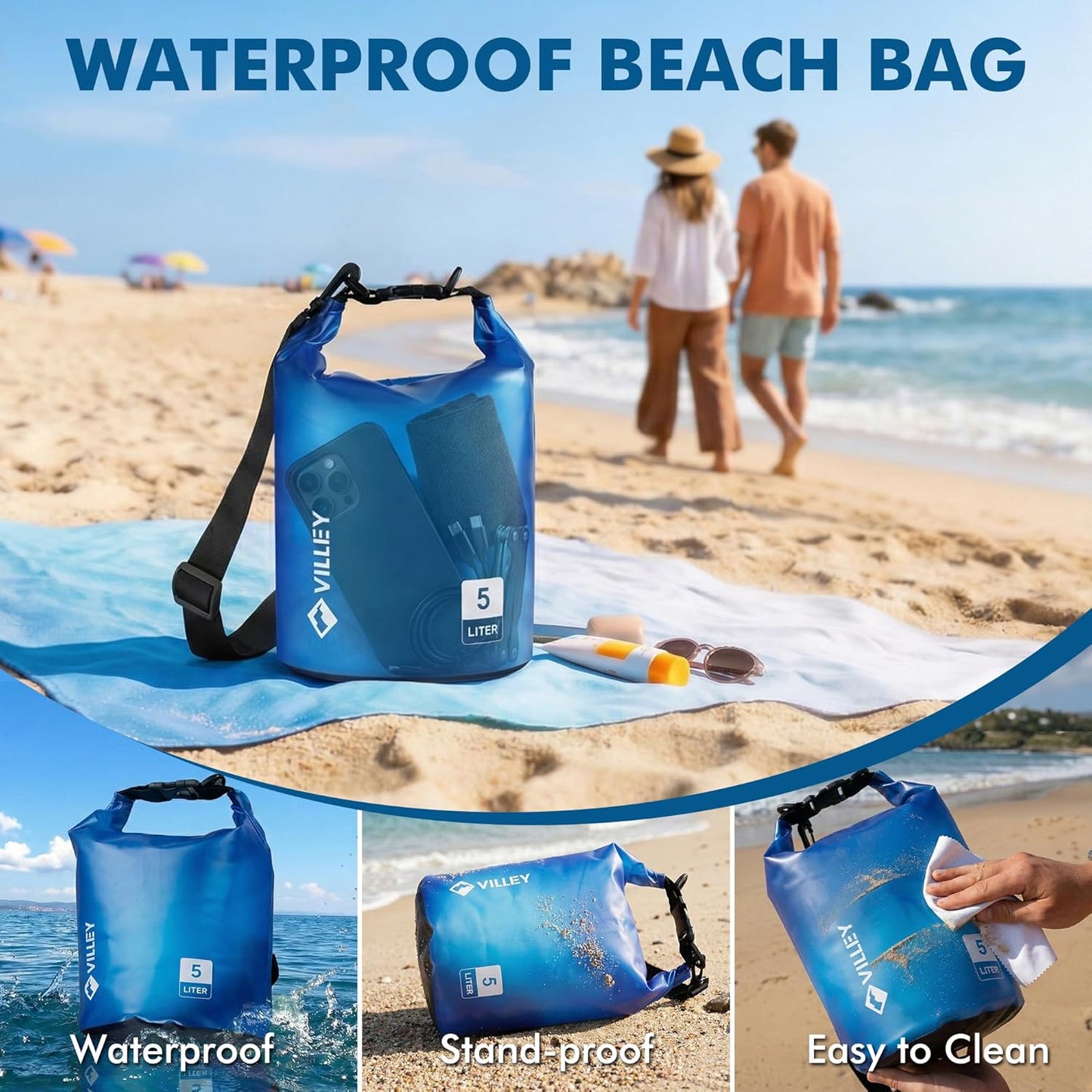 VILLEY Waterproof Dry Bag - 5L Roll Top Backpack for Kayaking, Camping & Beach - Blue Transparent