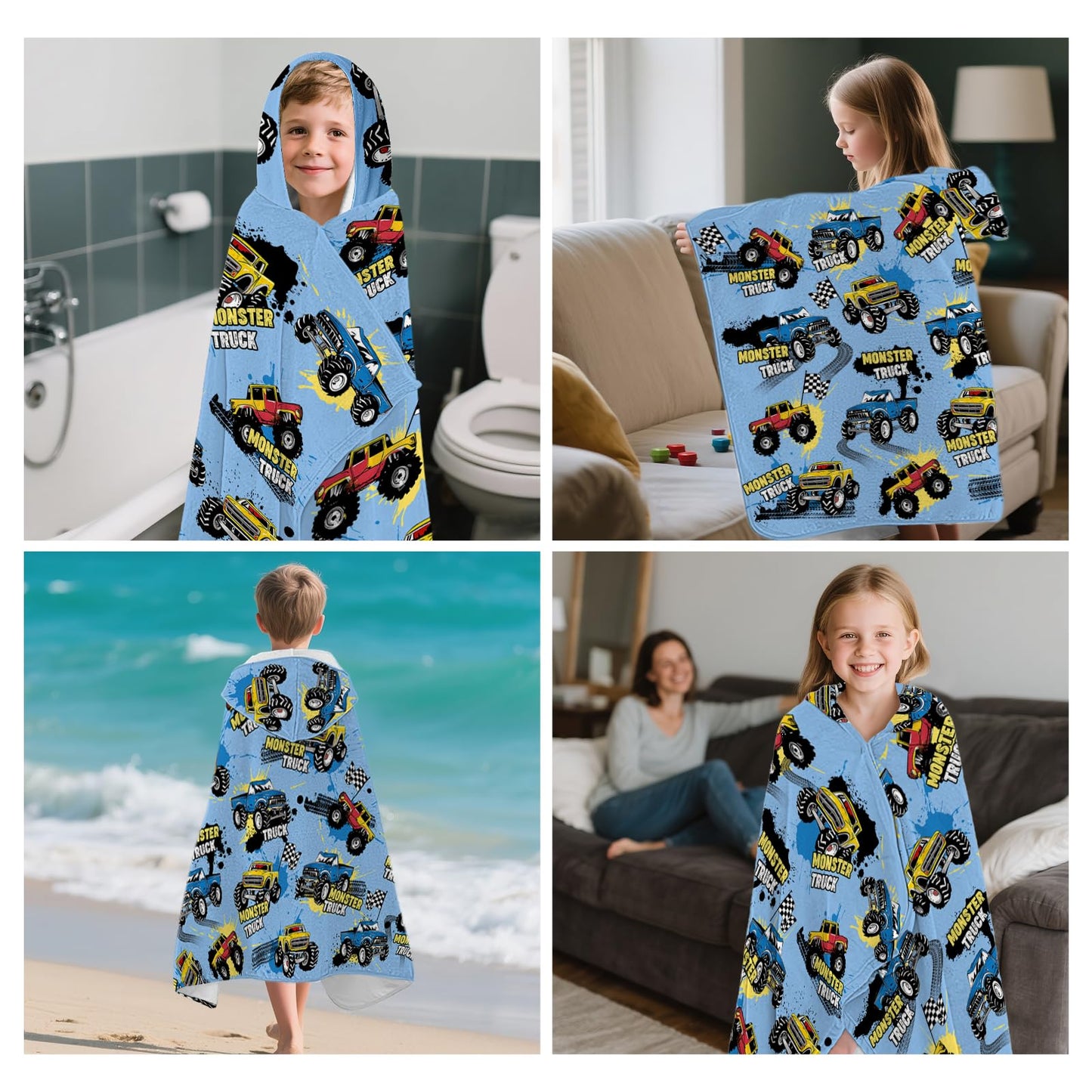 Fiwbnasz Truck Hooded Beach Towel for Kids, Monster Hooded Towels for Toddlers 30" x 50", Kids Beach Towels for Pool, Travel, Swim, Cars Wearable Bath Towel for Boys, Teens